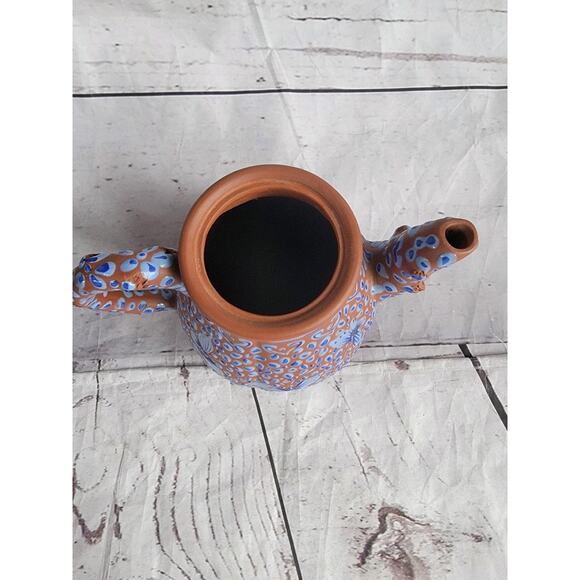 VTG Terra Cotta Clay Handmade Chinese Enamel Blue Butterflies Yixing Teapot 5 In - Picture 6 of 11